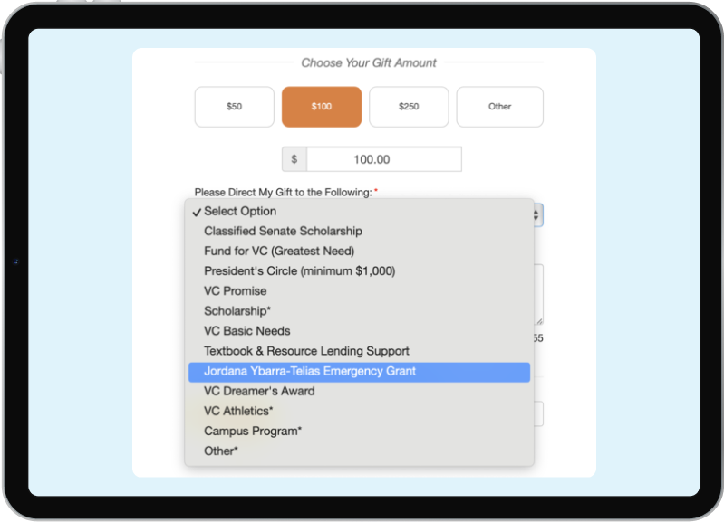 A drop down list for Ventura College's donation options.